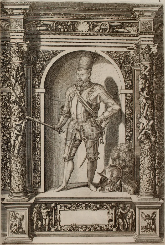 An illustration from Augustissimorum imperatorum, serenissimorum regum, atque archiducum, illustrissimorum principum, necnon comitum, baronum, nobilium, aliorumq[ue] clarissimorum virorum, qui aut ipsi cum imperio bellorum duces fuerunt, aut in iisdem præfecturis insignioribus laudabiliter functi sunt, verissimæ imagines, & rerum ab ipsis domi, forisq[ue] gestarum succinctæ descriptiones. Quorum arma, aut integra, aut horum partes, quibus induti, vsique aduersus hostem heroica facinora patrarunt, aut quorum auspiciis tàm prospera quàm aduersa fortuna res magnæ gestæ sunt, à serenissimo principe Ferdinando, archiduce Austriæ, duce Burgundiæ, comte Habspurgi & Tyrolis &c. ex omnibus ferè orbis terrarum prouinciis partim conquista, partim ab illorum hæredibus & successoribus transmissa, in celebri Ambrosianæ arcis armamentario, à sua serenitate non procul ciutate Oenipontana extructo, conspiciuntur, 1601, leaf 18