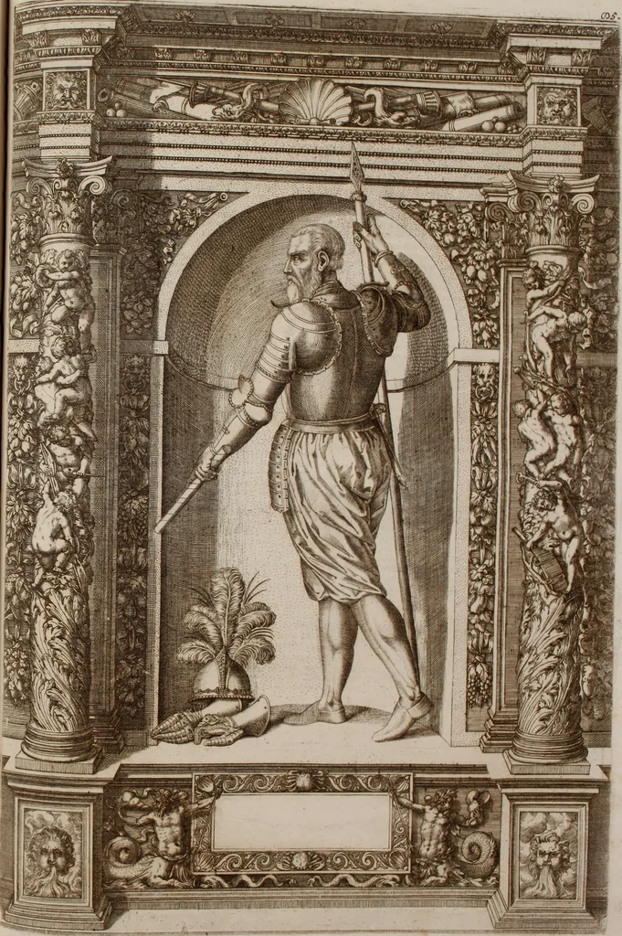 An illustration from Augustissimorum imperatorum, serenissimorum regum, atque archiducum, illustrissimorum principum, necnon comitum, baronum, nobilium, aliorumq[ue] clarissimorum virorum, qui aut ipsi cum imperio bellorum duces fuerunt, aut in iisdem præfecturis insignioribus laudabiliter functi sunt, verissimæ imagines, & rerum ab ipsis domi, forisq[ue] gestarum succinctæ descriptiones. Quorum arma, aut integra, aut horum partes, quibus induti, vsique aduersus hostem heroica facinora patrarunt, aut quorum auspiciis tàm prospera quàm aduersa fortuna res magnæ gestæ sunt, à serenissimo principe Ferdinando, archiduce Austriæ, duce Burgundiæ, comte Habspurgi & Tyrolis &c. ex omnibus ferè orbis terrarum prouinciis partim conquista, partim ab illorum hæredibus & successoribus transmissa, in celebri Ambrosianæ arcis armamentario, à sua serenitate non procul ciutate Oenipontana extructo, conspiciuntur, 1601, leaf 180