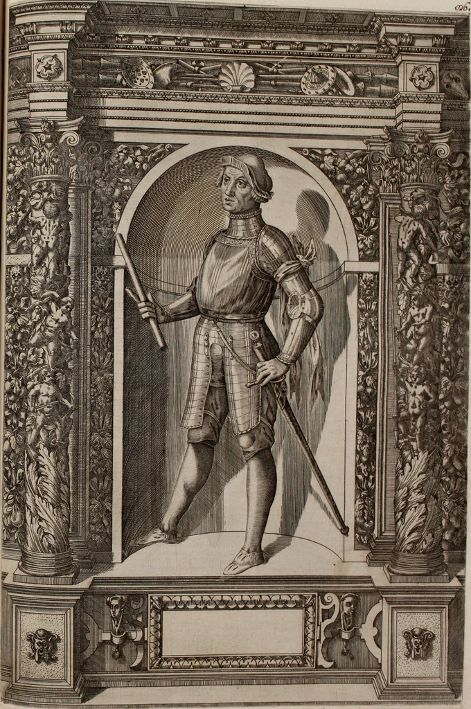 An illustration from Augustissimorum imperatorum, serenissimorum regum, atque archiducum, illustrissimorum principum, necnon comitum, baronum, nobilium, aliorumq[ue] clarissimorum virorum, qui aut ipsi cum imperio bellorum duces fuerunt, aut in iisdem præfecturis insignioribus laudabiliter functi sunt, verissimæ imagines, & rerum ab ipsis domi, forisq[ue] gestarum succinctæ descriptiones. Quorum arma, aut integra, aut horum partes, quibus induti, vsique aduersus hostem heroica facinora patrarunt, aut quorum auspiciis tàm prospera quàm aduersa fortuna res magnæ gestæ sunt, à serenissimo principe Ferdinando, archiduce Austriæ, duce Burgundiæ, comte Habspurgi & Tyrolis &c. ex omnibus ferè orbis terrarum prouinciis partim conquista, partim ab illorum hæredibus & successoribus transmissa, in celebri Ambrosianæ arcis armamentario, à sua serenitate non procul ciutate Oenipontana extructo, conspiciuntur, 1601, leaf 182