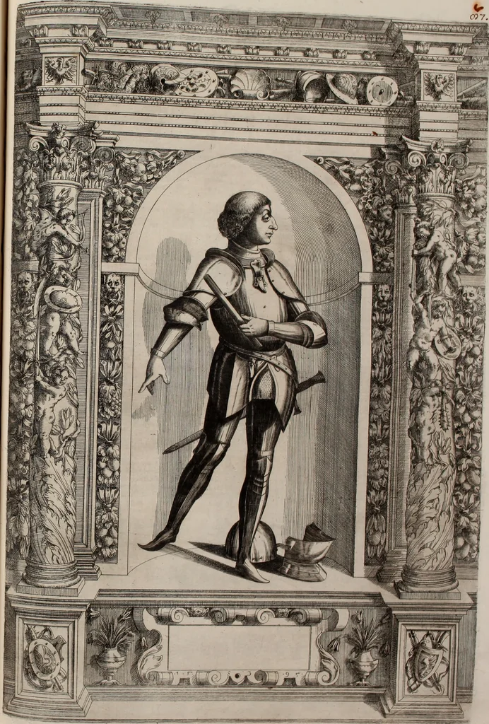 An illustration from Augustissimorum imperatorum, serenissimorum regum, atque archiducum, illustrissimorum principum, necnon comitum, baronum, nobilium, aliorumq[ue] clarissimorum virorum, qui aut ipsi cum imperio bellorum duces fuerunt, aut in iisdem præfecturis insignioribus laudabiliter functi sunt, verissimæ imagines, & rerum ab ipsis domi, forisq[ue] gestarum succinctæ descriptiones. Quorum arma, aut integra, aut horum partes, quibus induti, vsique aduersus hostem heroica facinora patrarunt, aut quorum auspiciis tàm prospera quàm aduersa fortuna res magnæ gestæ sunt, à serenissimo principe Ferdinando, archiduce Austriæ, duce Burgundiæ, comte Habspurgi & Tyrolis &c. ex omnibus ferè orbis terrarum prouinciis partim conquista, partim ab illorum hæredibus & successoribus transmissa, in celebri Ambrosianæ arcis armamentario, à sua serenitate non procul ciutate Oenipontana extructo, conspiciuntur, 1601, leaf 184