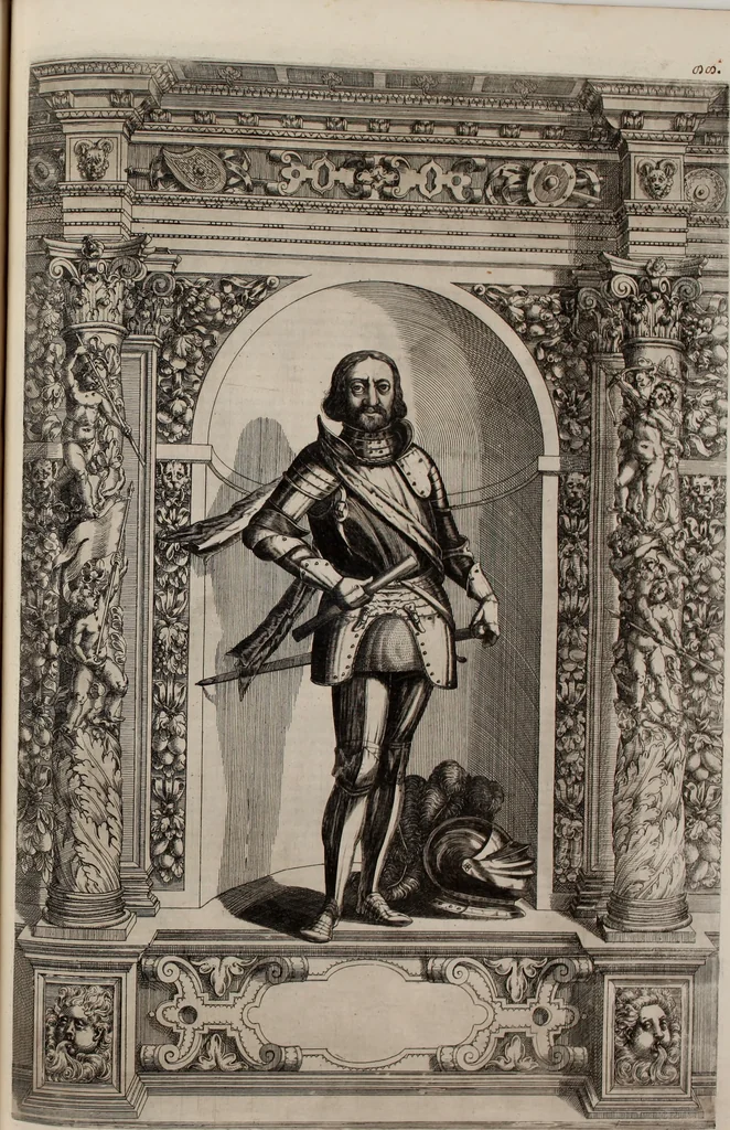 An illustration from Augustissimorum imperatorum, serenissimorum regum, atque archiducum, illustrissimorum principum, necnon comitum, baronum, nobilium, aliorumq[ue] clarissimorum virorum, qui aut ipsi cum imperio bellorum duces fuerunt, aut in iisdem præfecturis insignioribus laudabiliter functi sunt, verissimæ imagines, & rerum ab ipsis domi, forisq[ue] gestarum succinctæ descriptiones. Quorum arma, aut integra, aut horum partes, quibus induti, vsique aduersus hostem heroica facinora patrarunt, aut quorum auspiciis tàm prospera quàm aduersa fortuna res magnæ gestæ sunt, à serenissimo principe Ferdinando, archiduce Austriæ, duce Burgundiæ, comte Habspurgi & Tyrolis &c. ex omnibus ferè orbis terrarum prouinciis partim conquista, partim ab illorum hæredibus & successoribus transmissa, in celebri Ambrosianæ arcis armamentario, à sua serenitate non procul ciutate Oenipontana extructo, conspiciuntur, 1601, leaf 186