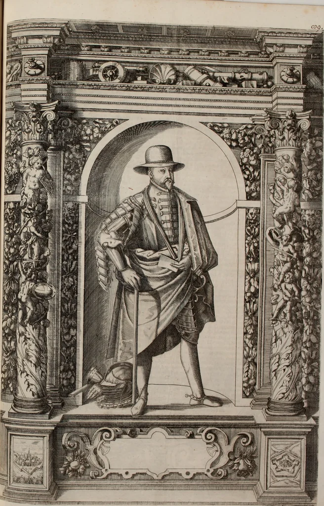 An illustration from Augustissimorum imperatorum, serenissimorum regum, atque archiducum, illustrissimorum principum, necnon comitum, baronum, nobilium, aliorumq[ue] clarissimorum virorum, qui aut ipsi cum imperio bellorum duces fuerunt, aut in iisdem præfecturis insignioribus laudabiliter functi sunt, verissimæ imagines, & rerum ab ipsis domi, forisq[ue] gestarum succinctæ descriptiones. Quorum arma, aut integra, aut horum partes, quibus induti, vsique aduersus hostem heroica facinora patrarunt, aut quorum auspiciis tàm prospera quàm aduersa fortuna res magnæ gestæ sunt, à serenissimo principe Ferdinando, archiduce Austriæ, duce Burgundiæ, comte Habspurgi & Tyrolis &c. ex omnibus ferè orbis terrarum prouinciis partim conquista, partim ab illorum hæredibus & successoribus transmissa, in celebri Ambrosianæ arcis armamentario, à sua serenitate non procul ciutate Oenipontana extructo, conspiciuntur, 1601, leaf 188