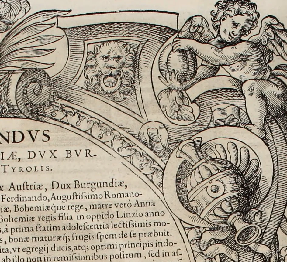 An illustration from Augustissimorum imperatorum, serenissimorum regum, atque archiducum, illustrissimorum principum, necnon comitum, baronum, nobilium, aliorumq[ue] clarissimorum virorum, qui aut ipsi cum imperio bellorum duces fuerunt, aut in iisdem præfecturis insignioribus laudabiliter functi sunt, verissimæ imagines, & rerum ab ipsis domi, forisq[ue] gestarum succinctæ descriptiones. Quorum arma, aut integra, aut horum partes, quibus induti, vsique aduersus hostem heroica facinora patrarunt, aut quorum auspiciis tàm prospera quàm aduersa fortuna res magnæ gestæ sunt, à serenissimo principe Ferdinando, archiduce Austriæ, duce Burgundiæ, comte Habspurgi & Tyrolis &c. ex omnibus ferè orbis terrarum prouinciis partim conquista, partim ab illorum hæredibus & successoribus transmissa, in celebri Ambrosianæ arcis armamentario, à sua serenitate non procul ciutate Oenipontana extructo, conspiciuntur, 1601, leaf 19