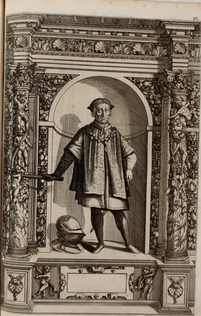 An illustration from Augustissimorum imperatorum, serenissimorum regum, atque archiducum, illustrissimorum principum, necnon comitum, baronum, nobilium, aliorumq[ue] clarissimorum virorum, qui aut ipsi cum imperio bellorum duces fuerunt, aut in iisdem præfecturis insignioribus laudabiliter functi sunt, verissimæ imagines, & rerum ab ipsis domi, forisq[ue] gestarum succinctæ descriptiones. Quorum arma, aut integra, aut horum partes, quibus induti, vsique aduersus hostem heroica facinora patrarunt, aut quorum auspiciis tàm prospera quàm aduersa fortuna res magnæ gestæ sunt, à serenissimo principe Ferdinando, archiduce Austriæ, duce Burgundiæ, comte Habspurgi & Tyrolis &c. ex omnibus ferè orbis terrarum prouinciis partim conquista, partim ab illorum hæredibus & successoribus transmissa, in celebri Ambrosianæ arcis armamentario, à sua serenitate non procul ciutate Oenipontana extructo, conspiciuntur, 1601, leaf 192