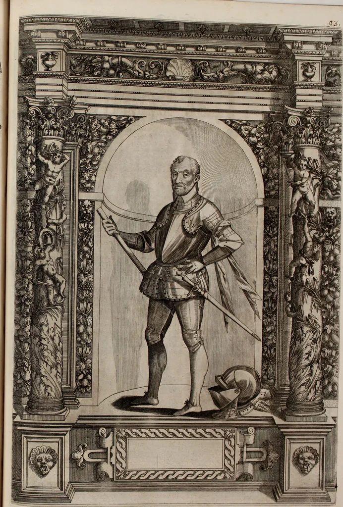 An illustration from Augustissimorum imperatorum, serenissimorum regum, atque archiducum, illustrissimorum principum, necnon comitum, baronum, nobilium, aliorumq[ue] clarissimorum virorum, qui aut ipsi cum imperio bellorum duces fuerunt, aut in iisdem præfecturis insignioribus laudabiliter functi sunt, verissimæ imagines, & rerum ab ipsis domi, forisq[ue] gestarum succinctæ descriptiones. Quorum arma, aut integra, aut horum partes, quibus induti, vsique aduersus hostem heroica facinora patrarunt, aut quorum auspiciis tàm prospera quàm aduersa fortuna res magnæ gestæ sunt, à serenissimo principe Ferdinando, archiduce Austriæ, duce Burgundiæ, comte Habspurgi & Tyrolis &c. ex omnibus ferè orbis terrarum prouinciis partim conquista, partim ab illorum hæredibus & successoribus transmissa, in celebri Ambrosianæ arcis armamentario, à sua serenitate non procul ciutate Oenipontana extructo, conspiciuntur, 1601, leaf 196
