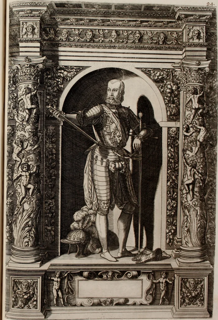 An illustration from Augustissimorum imperatorum, serenissimorum regum, atque archiducum, illustrissimorum principum, necnon comitum, baronum, nobilium, aliorumq[ue] clarissimorum virorum, qui aut ipsi cum imperio bellorum duces fuerunt, aut in iisdem præfecturis insignioribus laudabiliter functi sunt, verissimæ imagines, & rerum ab ipsis domi, forisq[ue] gestarum succinctæ descriptiones. Quorum arma, aut integra, aut horum partes, quibus induti, vsique aduersus hostem heroica facinora patrarunt, aut quorum auspiciis tàm prospera quàm aduersa fortuna res magnæ gestæ sunt, à serenissimo principe Ferdinando, archiduce Austriæ, duce Burgundiæ, comte Habspurgi & Tyrolis &c. ex omnibus ferè orbis terrarum prouinciis partim conquista, partim ab illorum hæredibus & successoribus transmissa, in celebri Ambrosianæ arcis armamentario, à sua serenitate non procul ciutate Oenipontana extructo, conspiciuntur, 1601, leaf 198