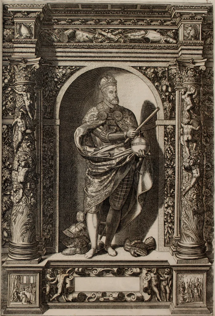 An illustration from Augustissimorum imperatorum, serenissimorum regum, atque archiducum, illustrissimorum principum, necnon comitum, baronum, nobilium, aliorumq[ue] clarissimorum virorum, qui aut ipsi cum imperio bellorum duces fuerunt, aut in iisdem præfecturis insignioribus laudabiliter functi sunt, verissimæ imagines, & rerum ab ipsis domi, forisq[ue] gestarum succinctæ descriptiones. Quorum arma, aut integra, aut horum partes, quibus induti, vsique aduersus hostem heroica facinora patrarunt, aut quorum auspiciis tàm prospera quàm aduersa fortuna res magnæ gestæ sunt, à serenissimo principe Ferdinando, archiduce Austriæ, duce Burgundiæ, comte Habspurgi & Tyrolis &c. ex omnibus ferè orbis terrarum prouinciis partim conquista, partim ab illorum hæredibus & successoribus transmissa, in celebri Ambrosianæ arcis armamentario, à sua serenitate non procul ciutate Oenipontana extructo, conspiciuntur, 1601, leaf 20