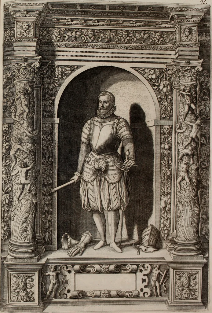 An illustration from Augustissimorum imperatorum, serenissimorum regum, atque archiducum, illustrissimorum principum, necnon comitum, baronum, nobilium, aliorumq[ue] clarissimorum virorum, qui aut ipsi cum imperio bellorum duces fuerunt, aut in iisdem præfecturis insignioribus laudabiliter functi sunt, verissimæ imagines, & rerum ab ipsis domi, forisq[ue] gestarum succinctæ descriptiones. Quorum arma, aut integra, aut horum partes, quibus induti, vsique aduersus hostem heroica facinora patrarunt, aut quorum auspiciis tàm prospera quàm aduersa fortuna res magnæ gestæ sunt, à serenissimo principe Ferdinando, archiduce Austriæ, duce Burgundiæ, comte Habspurgi & Tyrolis &c. ex omnibus ferè orbis terrarum prouinciis partim conquista, partim ab illorum hæredibus & successoribus transmissa, in celebri Ambrosianæ arcis armamentario, à sua serenitate non procul ciutate Oenipontana extructo, conspiciuntur, 1601, leaf 200