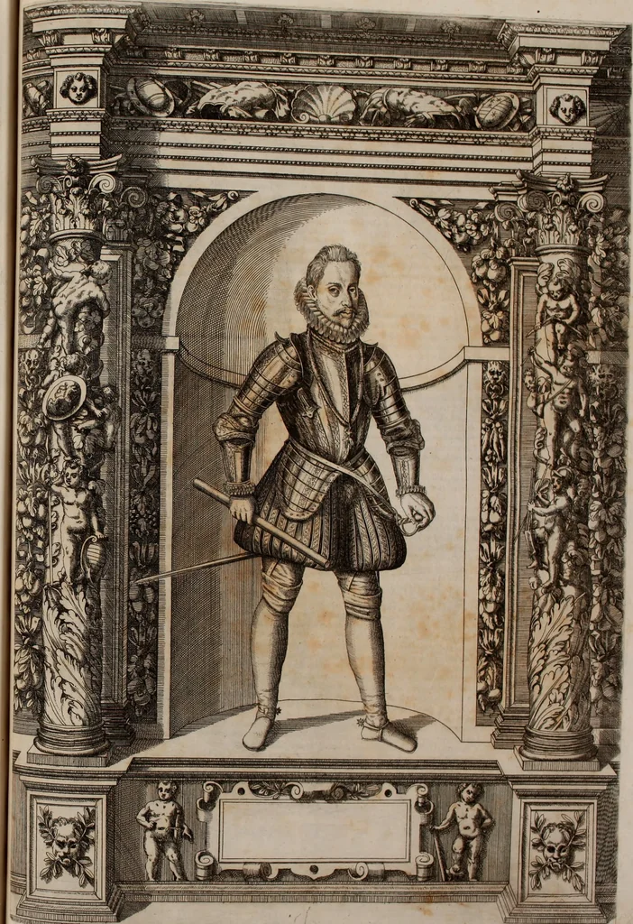 An illustration from Augustissimorum imperatorum, serenissimorum regum, atque archiducum, illustrissimorum principum, necnon comitum, baronum, nobilium, aliorumq[ue] clarissimorum virorum, qui aut ipsi cum imperio bellorum duces fuerunt, aut in iisdem præfecturis insignioribus laudabiliter functi sunt, verissimæ imagines, & rerum ab ipsis domi, forisq[ue] gestarum succinctæ descriptiones. Quorum arma, aut integra, aut horum partes, quibus induti, vsique aduersus hostem heroica facinora patrarunt, aut quorum auspiciis tàm prospera quàm aduersa fortuna res magnæ gestæ sunt, à serenissimo principe Ferdinando, archiduce Austriæ, duce Burgundiæ, comte Habspurgi & Tyrolis &c. ex omnibus ferè orbis terrarum prouinciis partim conquista, partim ab illorum hæredibus & successoribus transmissa, in celebri Ambrosianæ arcis armamentario, à sua serenitate non procul ciutate Oenipontana extructo, conspiciuntur, 1601, leaf 202
