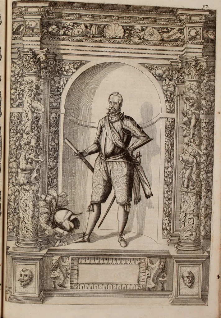 An illustration from Augustissimorum imperatorum, serenissimorum regum, atque archiducum, illustrissimorum principum, necnon comitum, baronum, nobilium, aliorumq[ue] clarissimorum virorum, qui aut ipsi cum imperio bellorum duces fuerunt, aut in iisdem præfecturis insignioribus laudabiliter functi sunt, verissimæ imagines, & rerum ab ipsis domi, forisq[ue] gestarum succinctæ descriptiones. Quorum arma, aut integra, aut horum partes, quibus induti, vsique aduersus hostem heroica facinora patrarunt, aut quorum auspiciis tàm prospera quàm aduersa fortuna res magnæ gestæ sunt, à serenissimo principe Ferdinando, archiduce Austriæ, duce Burgundiæ, comte Habspurgi & Tyrolis &c. ex omnibus ferè orbis terrarum prouinciis partim conquista, partim ab illorum hæredibus & successoribus transmissa, in celebri Ambrosianæ arcis armamentario, à sua serenitate non procul ciutate Oenipontana extructo, conspiciuntur, 1601, leaf 204