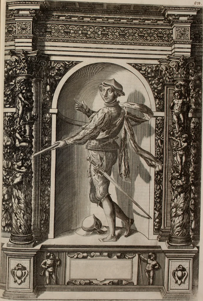 An illustration from Augustissimorum imperatorum, serenissimorum regum, atque archiducum, illustrissimorum principum, necnon comitum, baronum, nobilium, aliorumq[ue] clarissimorum virorum, qui aut ipsi cum imperio bellorum duces fuerunt, aut in iisdem præfecturis insignioribus laudabiliter functi sunt, verissimæ imagines, & rerum ab ipsis domi, forisq[ue] gestarum succinctæ descriptiones. Quorum arma, aut integra, aut horum partes, quibus induti, vsique aduersus hostem heroica facinora patrarunt, aut quorum auspiciis tàm prospera quàm aduersa fortuna res magnæ gestæ sunt, à serenissimo principe Ferdinando, archiduce Austriæ, duce Burgundiæ, comte Habspurgi & Tyrolis &c. ex omnibus ferè orbis terrarum prouinciis partim conquista, partim ab illorum hæredibus & successoribus transmissa, in celebri Ambrosianæ arcis armamentario, à sua serenitate non procul ciutate Oenipontana extructo, conspiciuntur, 1601, leaf 206