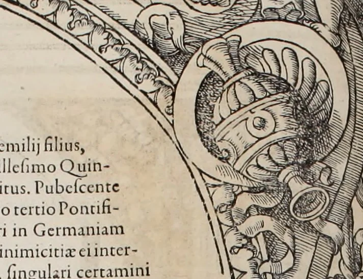 An illustration from Augustissimorum imperatorum, serenissimorum regum, atque archiducum, illustrissimorum principum, necnon comitum, baronum, nobilium, aliorumq[ue] clarissimorum virorum, qui aut ipsi cum imperio bellorum duces fuerunt, aut in iisdem præfecturis insignioribus laudabiliter functi sunt, verissimæ imagines, & rerum ab ipsis domi, forisq[ue] gestarum succinctæ descriptiones. Quorum arma, aut integra, aut horum partes, quibus induti, vsique aduersus hostem heroica facinora patrarunt, aut quorum auspiciis tàm prospera quàm aduersa fortuna res magnæ gestæ sunt, à serenissimo principe Ferdinando, archiduce Austriæ, duce Burgundiæ, comte Habspurgi & Tyrolis &c. ex omnibus ferè orbis terrarum prouinciis partim conquista, partim ab illorum hæredibus & successoribus transmissa, in celebri Ambrosianæ arcis armamentario, à sua serenitate non procul ciutate Oenipontana extructo, conspiciuntur, 1601, leaf 209
