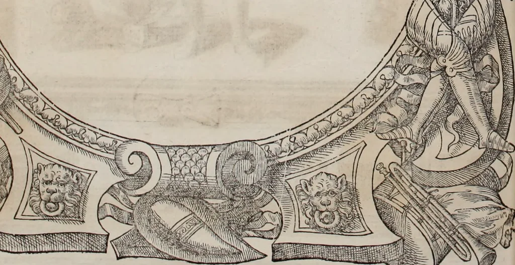 An illustration from Augustissimorum imperatorum, serenissimorum regum, atque archiducum, illustrissimorum principum, necnon comitum, baronum, nobilium, aliorumq[ue] clarissimorum virorum, qui aut ipsi cum imperio bellorum duces fuerunt, aut in iisdem præfecturis insignioribus laudabiliter functi sunt, verissimæ imagines, & rerum ab ipsis domi, forisq[ue] gestarum succinctæ descriptiones. Quorum arma, aut integra, aut horum partes, quibus induti, vsique aduersus hostem heroica facinora patrarunt, aut quorum auspiciis tàm prospera quàm aduersa fortuna res magnæ gestæ sunt, à serenissimo principe Ferdinando, archiduce Austriæ, duce Burgundiæ, comte Habspurgi & Tyrolis &c. ex omnibus ferè orbis terrarum prouinciis partim conquista, partim ab illorum hæredibus & successoribus transmissa, in celebri Ambrosianæ arcis armamentario, à sua serenitate non procul ciutate Oenipontana extructo, conspiciuntur, 1601, leaf 209