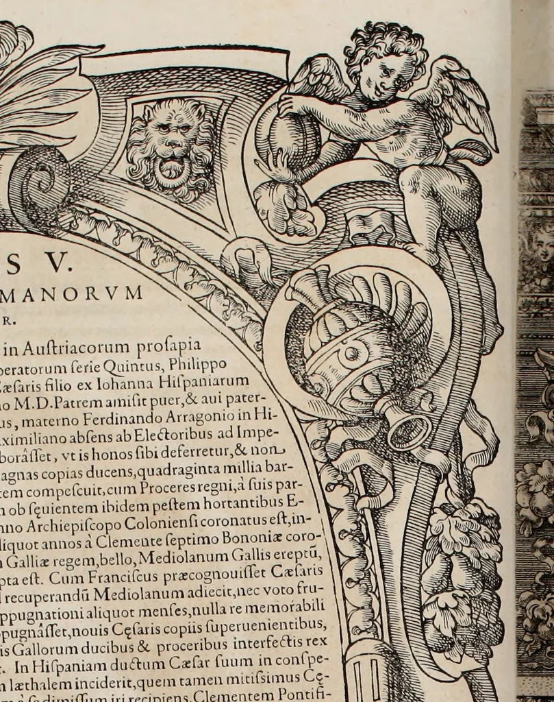 An illustration from Augustissimorum imperatorum, serenissimorum regum, atque archiducum, illustrissimorum principum, necnon comitum, baronum, nobilium, aliorumq[ue] clarissimorum virorum, qui aut ipsi cum imperio bellorum duces fuerunt, aut in iisdem præfecturis insignioribus laudabiliter functi sunt, verissimæ imagines, & rerum ab ipsis domi, forisq[ue] gestarum succinctæ descriptiones. Quorum arma, aut integra, aut horum partes, quibus induti, vsique aduersus hostem heroica facinora patrarunt, aut quorum auspiciis tàm prospera quàm aduersa fortuna res magnæ gestæ sunt, à serenissimo principe Ferdinando, archiduce Austriæ, duce Burgundiæ, comte Habspurgi & Tyrolis &c. ex omnibus ferè orbis terrarum prouinciis partim conquista, partim ab illorum hæredibus & successoribus transmissa, in celebri Ambrosianæ arcis armamentario, à sua serenitate non procul ciutate Oenipontana extructo, conspiciuntur, 1601, leaf 21