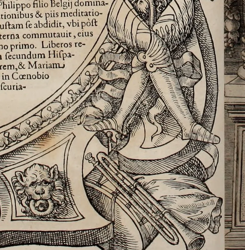 An illustration from Augustissimorum imperatorum, serenissimorum regum, atque archiducum, illustrissimorum principum, necnon comitum, baronum, nobilium, aliorumq[ue] clarissimorum virorum, qui aut ipsi cum imperio bellorum duces fuerunt, aut in iisdem præfecturis insignioribus laudabiliter functi sunt, verissimæ imagines, & rerum ab ipsis domi, forisq[ue] gestarum succinctæ descriptiones. Quorum arma, aut integra, aut horum partes, quibus induti, vsique aduersus hostem heroica facinora patrarunt, aut quorum auspiciis tàm prospera quàm aduersa fortuna res magnæ gestæ sunt, à serenissimo principe Ferdinando, archiduce Austriæ, duce Burgundiæ, comte Habspurgi & Tyrolis &c. ex omnibus ferè orbis terrarum prouinciis partim conquista, partim ab illorum hæredibus & successoribus transmissa, in celebri Ambrosianæ arcis armamentario, à sua serenitate non procul ciutate Oenipontana extructo, conspiciuntur, 1601, leaf 21