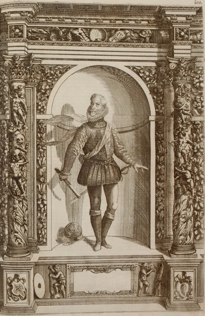 An illustration from Augustissimorum imperatorum, serenissimorum regum, atque archiducum, illustrissimorum principum, necnon comitum, baronum, nobilium, aliorumq[ue] clarissimorum virorum, qui aut ipsi cum imperio bellorum duces fuerunt, aut in iisdem præfecturis insignioribus laudabiliter functi sunt, verissimæ imagines, & rerum ab ipsis domi, forisq[ue] gestarum succinctæ descriptiones. Quorum arma, aut integra, aut horum partes, quibus induti, vsique aduersus hostem heroica facinora patrarunt, aut quorum auspiciis tàm prospera quàm aduersa fortuna res magnæ gestæ sunt, à serenissimo principe Ferdinando, archiduce Austriæ, duce Burgundiæ, comte Habspurgi & Tyrolis &c. ex omnibus ferè orbis terrarum prouinciis partim conquista, partim ab illorum hæredibus & successoribus transmissa, in celebri Ambrosianæ arcis armamentario, à sua serenitate non procul ciutate Oenipontana extructo, conspiciuntur, 1601, leaf 210