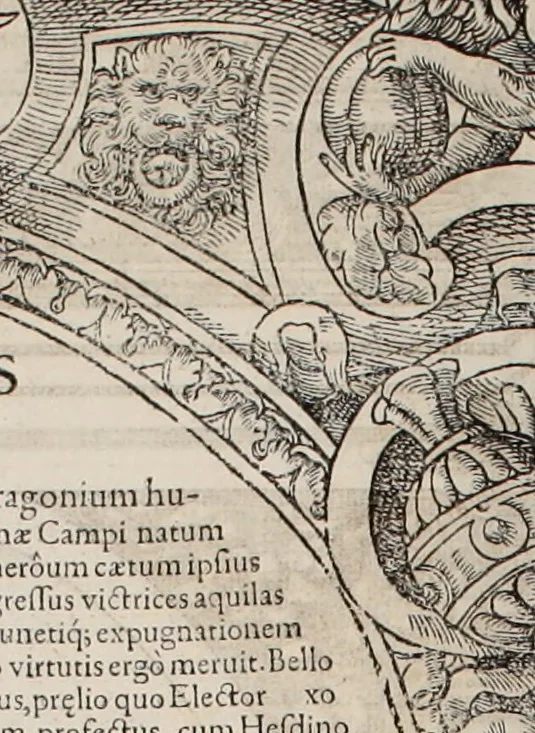An illustration from Augustissimorum imperatorum, serenissimorum regum, atque archiducum, illustrissimorum principum, necnon comitum, baronum, nobilium, aliorumq[ue] clarissimorum virorum, qui aut ipsi cum imperio bellorum duces fuerunt, aut in iisdem præfecturis insignioribus laudabiliter functi sunt, verissimæ imagines, & rerum ab ipsis domi, forisq[ue] gestarum succinctæ descriptiones. Quorum arma, aut integra, aut horum partes, quibus induti, vsique aduersus hostem heroica facinora patrarunt, aut quorum auspiciis tàm prospera quàm aduersa fortuna res magnæ gestæ sunt, à serenissimo principe Ferdinando, archiduce Austriæ, duce Burgundiæ, comte Habspurgi & Tyrolis &c. ex omnibus ferè orbis terrarum prouinciis partim conquista, partim ab illorum hæredibus & successoribus transmissa, in celebri Ambrosianæ arcis armamentario, à sua serenitate non procul ciutate Oenipontana extructo, conspiciuntur, 1601, leaf 211