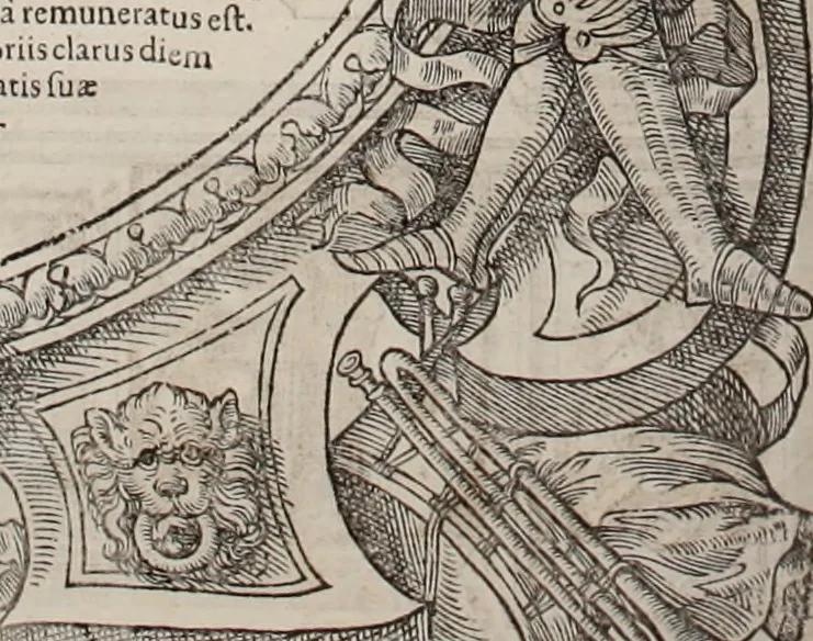An illustration from Augustissimorum imperatorum, serenissimorum regum, atque archiducum, illustrissimorum principum, necnon comitum, baronum, nobilium, aliorumq[ue] clarissimorum virorum, qui aut ipsi cum imperio bellorum duces fuerunt, aut in iisdem præfecturis insignioribus laudabiliter functi sunt, verissimæ imagines, & rerum ab ipsis domi, forisq[ue] gestarum succinctæ descriptiones. Quorum arma, aut integra, aut horum partes, quibus induti, vsique aduersus hostem heroica facinora patrarunt, aut quorum auspiciis tàm prospera quàm aduersa fortuna res magnæ gestæ sunt, à serenissimo principe Ferdinando, archiduce Austriæ, duce Burgundiæ, comte Habspurgi & Tyrolis &c. ex omnibus ferè orbis terrarum prouinciis partim conquista, partim ab illorum hæredibus & successoribus transmissa, in celebri Ambrosianæ arcis armamentario, à sua serenitate non procul ciutate Oenipontana extructo, conspiciuntur, 1601, leaf 211
