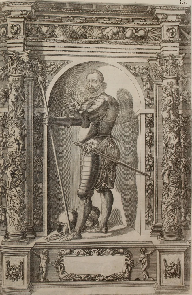 An illustration from Augustissimorum imperatorum, serenissimorum regum, atque archiducum, illustrissimorum principum, necnon comitum, baronum, nobilium, aliorumq[ue] clarissimorum virorum, qui aut ipsi cum imperio bellorum duces fuerunt, aut in iisdem præfecturis insignioribus laudabiliter functi sunt, verissimæ imagines, & rerum ab ipsis domi, forisq[ue] gestarum succinctæ descriptiones. Quorum arma, aut integra, aut horum partes, quibus induti, vsique aduersus hostem heroica facinora patrarunt, aut quorum auspiciis tàm prospera quàm aduersa fortuna res magnæ gestæ sunt, à serenissimo principe Ferdinando, archiduce Austriæ, duce Burgundiæ, comte Habspurgi & Tyrolis &c. ex omnibus ferè orbis terrarum prouinciis partim conquista, partim ab illorum hæredibus & successoribus transmissa, in celebri Ambrosianæ arcis armamentario, à sua serenitate non procul ciutate Oenipontana extructo, conspiciuntur, 1601, leaf 212
