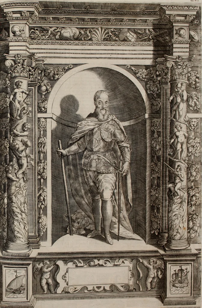 An illustration from Augustissimorum imperatorum, serenissimorum regum, atque archiducum, illustrissimorum principum, necnon comitum, baronum, nobilium, aliorumq[ue] clarissimorum virorum, qui aut ipsi cum imperio bellorum duces fuerunt, aut in iisdem præfecturis insignioribus laudabiliter functi sunt, verissimæ imagines, & rerum ab ipsis domi, forisq[ue] gestarum succinctæ descriptiones. Quorum arma, aut integra, aut horum partes, quibus induti, vsique aduersus hostem heroica facinora patrarunt, aut quorum auspiciis tàm prospera quàm aduersa fortuna res magnæ gestæ sunt, à serenissimo principe Ferdinando, archiduce Austriæ, duce Burgundiæ, comte Habspurgi & Tyrolis &c. ex omnibus ferè orbis terrarum prouinciis partim conquista, partim ab illorum hæredibus & successoribus transmissa, in celebri Ambrosianæ arcis armamentario, à sua serenitate non procul ciutate Oenipontana extructo, conspiciuntur, 1601, leaf 214
