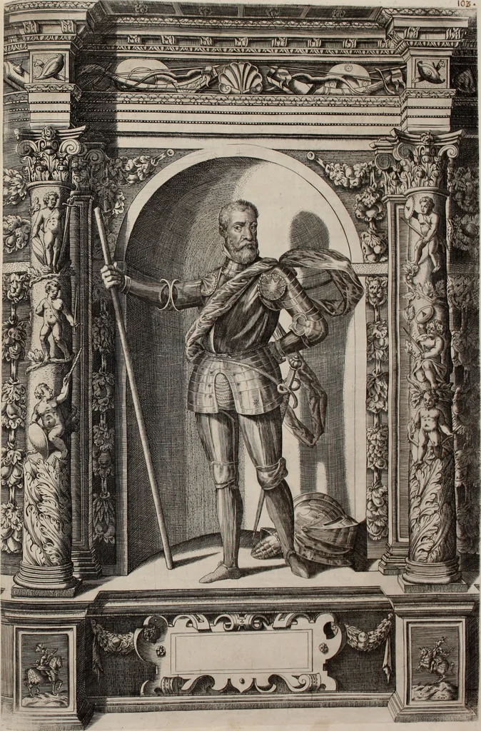 An illustration from Augustissimorum imperatorum, serenissimorum regum, atque archiducum, illustrissimorum principum, necnon comitum, baronum, nobilium, aliorumq[ue] clarissimorum virorum, qui aut ipsi cum imperio bellorum duces fuerunt, aut in iisdem præfecturis insignioribus laudabiliter functi sunt, verissimæ imagines, & rerum ab ipsis domi, forisq[ue] gestarum succinctæ descriptiones. Quorum arma, aut integra, aut horum partes, quibus induti, vsique aduersus hostem heroica facinora patrarunt, aut quorum auspiciis tàm prospera quàm aduersa fortuna res magnæ gestæ sunt, à serenissimo principe Ferdinando, archiduce Austriæ, duce Burgundiæ, comte Habspurgi & Tyrolis &c. ex omnibus ferè orbis terrarum prouinciis partim conquista, partim ab illorum hæredibus & successoribus transmissa, in celebri Ambrosianæ arcis armamentario, à sua serenitate non procul ciutate Oenipontana extructo, conspiciuntur, 1601, leaf 216
