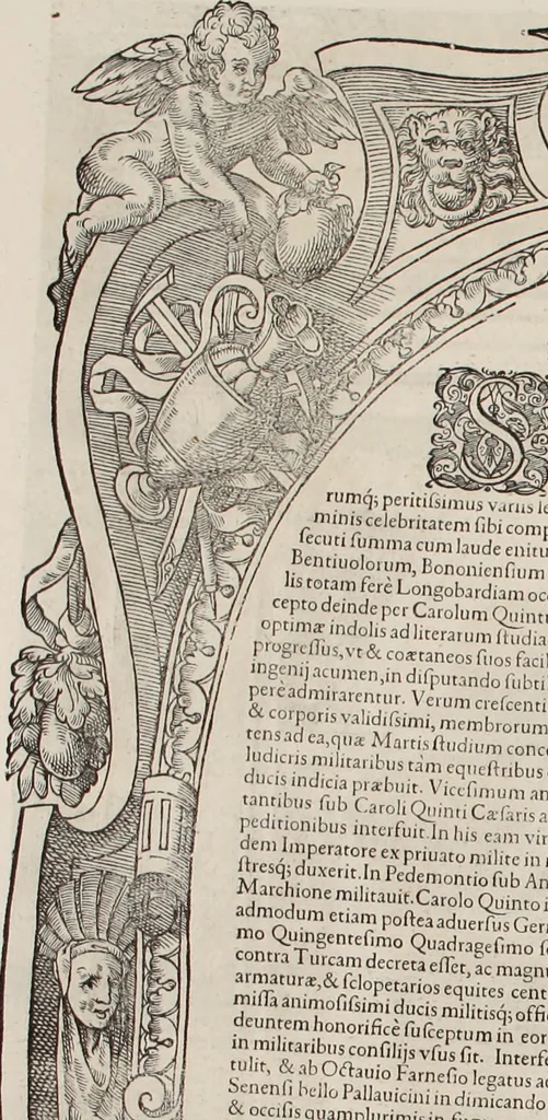 An illustration from Augustissimorum imperatorum, serenissimorum regum, atque archiducum, illustrissimorum principum, necnon comitum, baronum, nobilium, aliorumq[ue] clarissimorum virorum, qui aut ipsi cum imperio bellorum duces fuerunt, aut in iisdem præfecturis insignioribus laudabiliter functi sunt, verissimæ imagines, & rerum ab ipsis domi, forisq[ue] gestarum succinctæ descriptiones. Quorum arma, aut integra, aut horum partes, quibus induti, vsique aduersus hostem heroica facinora patrarunt, aut quorum auspiciis tàm prospera quàm aduersa fortuna res magnæ gestæ sunt, à serenissimo principe Ferdinando, archiduce Austriæ, duce Burgundiæ, comte Habspurgi & Tyrolis &c. ex omnibus ferè orbis terrarum prouinciis partim conquista, partim ab illorum hæredibus & successoribus transmissa, in celebri Ambrosianæ arcis armamentario, à sua serenitate non procul ciutate Oenipontana extructo, conspiciuntur, 1601, leaf 217