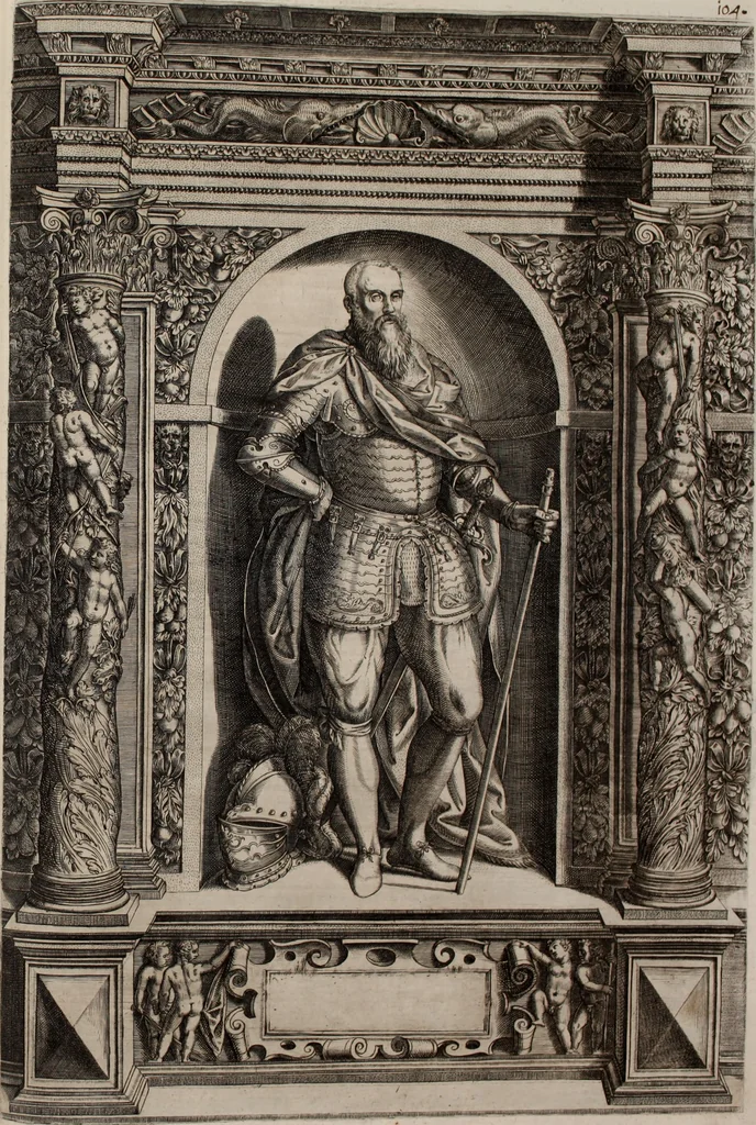 An illustration from Augustissimorum imperatorum, serenissimorum regum, atque archiducum, illustrissimorum principum, necnon comitum, baronum, nobilium, aliorumq[ue] clarissimorum virorum, qui aut ipsi cum imperio bellorum duces fuerunt, aut in iisdem præfecturis insignioribus laudabiliter functi sunt, verissimæ imagines, & rerum ab ipsis domi, forisq[ue] gestarum succinctæ descriptiones. Quorum arma, aut integra, aut horum partes, quibus induti, vsique aduersus hostem heroica facinora patrarunt, aut quorum auspiciis tàm prospera quàm aduersa fortuna res magnæ gestæ sunt, à serenissimo principe Ferdinando, archiduce Austriæ, duce Burgundiæ, comte Habspurgi & Tyrolis &c. ex omnibus ferè orbis terrarum prouinciis partim conquista, partim ab illorum hæredibus & successoribus transmissa, in celebri Ambrosianæ arcis armamentario, à sua serenitate non procul ciutate Oenipontana extructo, conspiciuntur, 1601, leaf 218