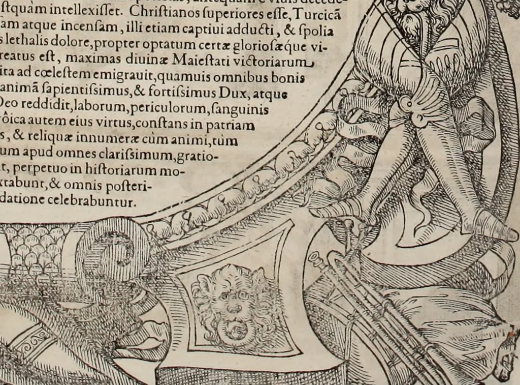 An illustration from Augustissimorum imperatorum, serenissimorum regum, atque archiducum, illustrissimorum principum, necnon comitum, baronum, nobilium, aliorumq[ue] clarissimorum virorum, qui aut ipsi cum imperio bellorum duces fuerunt, aut in iisdem præfecturis insignioribus laudabiliter functi sunt, verissimæ imagines, & rerum ab ipsis domi, forisq[ue] gestarum succinctæ descriptiones. Quorum arma, aut integra, aut horum partes, quibus induti, vsique aduersus hostem heroica facinora patrarunt, aut quorum auspiciis tàm prospera quàm aduersa fortuna res magnæ gestæ sunt, à serenissimo principe Ferdinando, archiduce Austriæ, duce Burgundiæ, comte Habspurgi & Tyrolis &c. ex omnibus ferè orbis terrarum prouinciis partim conquista, partim ab illorum hæredibus & successoribus transmissa, in celebri Ambrosianæ arcis armamentario, à sua serenitate non procul ciutate Oenipontana extructo, conspiciuntur, 1601, leaf 219