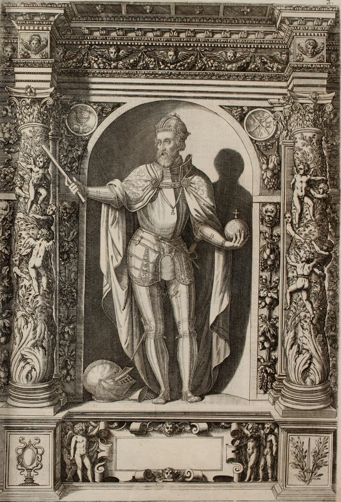 An illustration from Augustissimorum imperatorum, serenissimorum regum, atque archiducum, illustrissimorum principum, necnon comitum, baronum, nobilium, aliorumq[ue] clarissimorum virorum, qui aut ipsi cum imperio bellorum duces fuerunt, aut in iisdem præfecturis insignioribus laudabiliter functi sunt, verissimæ imagines, & rerum ab ipsis domi, forisq[ue] gestarum succinctæ descriptiones. Quorum arma, aut integra, aut horum partes, quibus induti, vsique aduersus hostem heroica facinora patrarunt, aut quorum auspiciis tàm prospera quàm aduersa fortuna res magnæ gestæ sunt, à serenissimo principe Ferdinando, archiduce Austriæ, duce Burgundiæ, comte Habspurgi & Tyrolis &c. ex omnibus ferè orbis terrarum prouinciis partim conquista, partim ab illorum hæredibus & successoribus transmissa, in celebri Ambrosianæ arcis armamentario, à sua serenitate non procul ciutate Oenipontana extructo, conspiciuntur, 1601, leaf 22