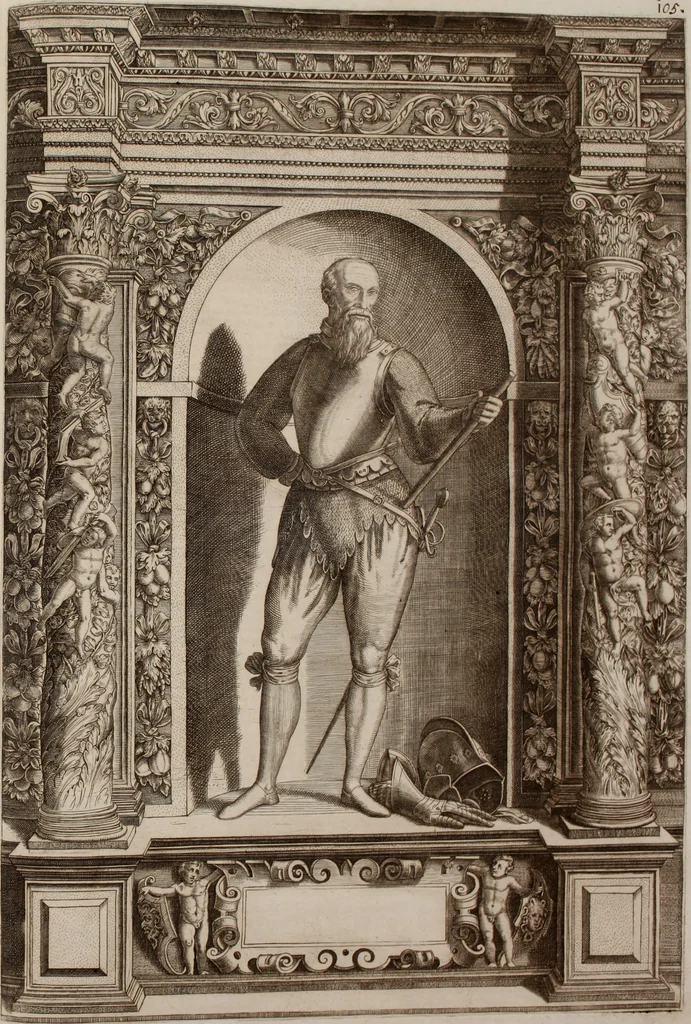 An illustration from Augustissimorum imperatorum, serenissimorum regum, atque archiducum, illustrissimorum principum, necnon comitum, baronum, nobilium, aliorumq[ue] clarissimorum virorum, qui aut ipsi cum imperio bellorum duces fuerunt, aut in iisdem præfecturis insignioribus laudabiliter functi sunt, verissimæ imagines, & rerum ab ipsis domi, forisq[ue] gestarum succinctæ descriptiones. Quorum arma, aut integra, aut horum partes, quibus induti, vsique aduersus hostem heroica facinora patrarunt, aut quorum auspiciis tàm prospera quàm aduersa fortuna res magnæ gestæ sunt, à serenissimo principe Ferdinando, archiduce Austriæ, duce Burgundiæ, comte Habspurgi & Tyrolis &c. ex omnibus ferè orbis terrarum prouinciis partim conquista, partim ab illorum hæredibus & successoribus transmissa, in celebri Ambrosianæ arcis armamentario, à sua serenitate non procul ciutate Oenipontana extructo, conspiciuntur, 1601, leaf 220
