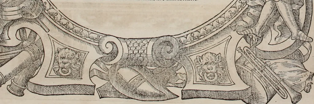 An illustration from Augustissimorum imperatorum, serenissimorum regum, atque archiducum, illustrissimorum principum, necnon comitum, baronum, nobilium, aliorumq[ue] clarissimorum virorum, qui aut ipsi cum imperio bellorum duces fuerunt, aut in iisdem præfecturis insignioribus laudabiliter functi sunt, verissimæ imagines, & rerum ab ipsis domi, forisq[ue] gestarum succinctæ descriptiones. Quorum arma, aut integra, aut horum partes, quibus induti, vsique aduersus hostem heroica facinora patrarunt, aut quorum auspiciis tàm prospera quàm aduersa fortuna res magnæ gestæ sunt, à serenissimo principe Ferdinando, archiduce Austriæ, duce Burgundiæ, comte Habspurgi & Tyrolis &c. ex omnibus ferè orbis terrarum prouinciis partim conquista, partim ab illorum hæredibus & successoribus transmissa, in celebri Ambrosianæ arcis armamentario, à sua serenitate non procul ciutate Oenipontana extructo, conspiciuntur, 1601, leaf 223