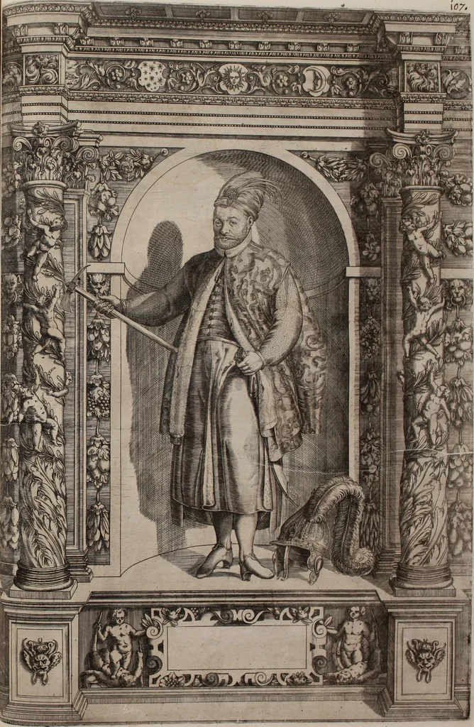 An illustration from Augustissimorum imperatorum, serenissimorum regum, atque archiducum, illustrissimorum principum, necnon comitum, baronum, nobilium, aliorumq[ue] clarissimorum virorum, qui aut ipsi cum imperio bellorum duces fuerunt, aut in iisdem præfecturis insignioribus laudabiliter functi sunt, verissimæ imagines, & rerum ab ipsis domi, forisq[ue] gestarum succinctæ descriptiones. Quorum arma, aut integra, aut horum partes, quibus induti, vsique aduersus hostem heroica facinora patrarunt, aut quorum auspiciis tàm prospera quàm aduersa fortuna res magnæ gestæ sunt, à serenissimo principe Ferdinando, archiduce Austriæ, duce Burgundiæ, comte Habspurgi & Tyrolis &c. ex omnibus ferè orbis terrarum prouinciis partim conquista, partim ab illorum hæredibus & successoribus transmissa, in celebri Ambrosianæ arcis armamentario, à sua serenitate non procul ciutate Oenipontana extructo, conspiciuntur, 1601, leaf 224