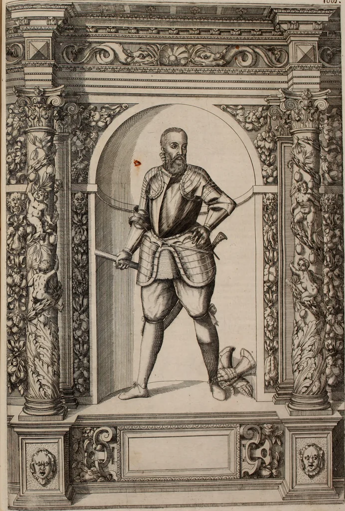An illustration from Augustissimorum imperatorum, serenissimorum regum, atque archiducum, illustrissimorum principum, necnon comitum, baronum, nobilium, aliorumq[ue] clarissimorum virorum, qui aut ipsi cum imperio bellorum duces fuerunt, aut in iisdem præfecturis insignioribus laudabiliter functi sunt, verissimæ imagines, & rerum ab ipsis domi, forisq[ue] gestarum succinctæ descriptiones. Quorum arma, aut integra, aut horum partes, quibus induti, vsique aduersus hostem heroica facinora patrarunt, aut quorum auspiciis tàm prospera quàm aduersa fortuna res magnæ gestæ sunt, à serenissimo principe Ferdinando, archiduce Austriæ, duce Burgundiæ, comte Habspurgi & Tyrolis &c. ex omnibus ferè orbis terrarum prouinciis partim conquista, partim ab illorum hæredibus & successoribus transmissa, in celebri Ambrosianæ arcis armamentario, à sua serenitate non procul ciutate Oenipontana extructo, conspiciuntur, 1601, leaf 226
