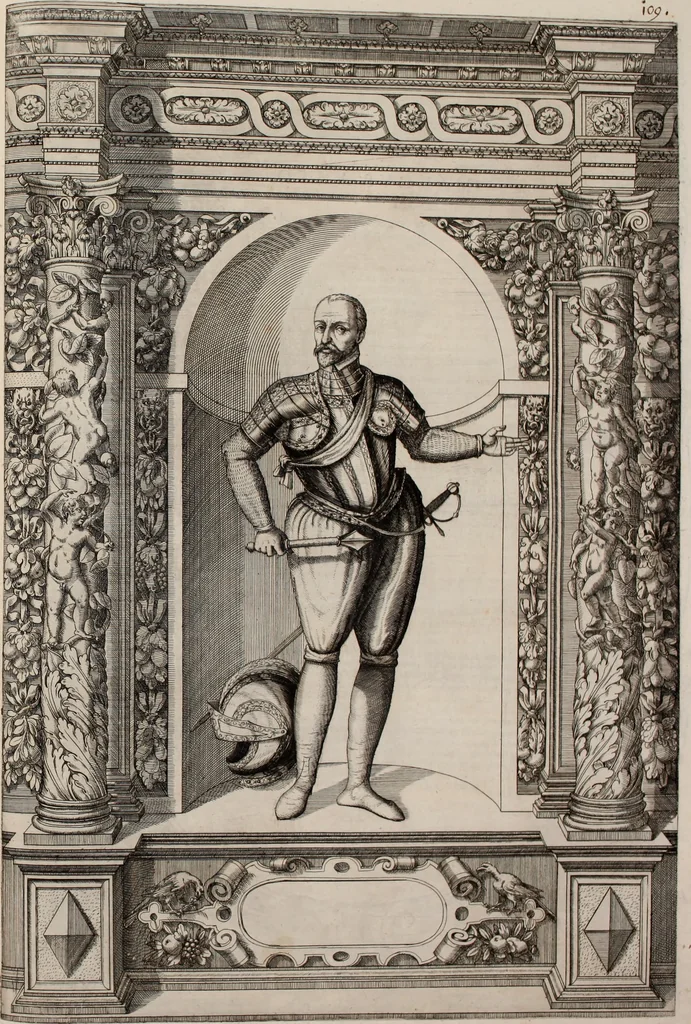 An illustration from Augustissimorum imperatorum, serenissimorum regum, atque archiducum, illustrissimorum principum, necnon comitum, baronum, nobilium, aliorumq[ue] clarissimorum virorum, qui aut ipsi cum imperio bellorum duces fuerunt, aut in iisdem præfecturis insignioribus laudabiliter functi sunt, verissimæ imagines, & rerum ab ipsis domi, forisq[ue] gestarum succinctæ descriptiones. Quorum arma, aut integra, aut horum partes, quibus induti, vsique aduersus hostem heroica facinora patrarunt, aut quorum auspiciis tàm prospera quàm aduersa fortuna res magnæ gestæ sunt, à serenissimo principe Ferdinando, archiduce Austriæ, duce Burgundiæ, comte Habspurgi & Tyrolis &c. ex omnibus ferè orbis terrarum prouinciis partim conquista, partim ab illorum hæredibus & successoribus transmissa, in celebri Ambrosianæ arcis armamentario, à sua serenitate non procul ciutate Oenipontana extructo, conspiciuntur, 1601, leaf 228