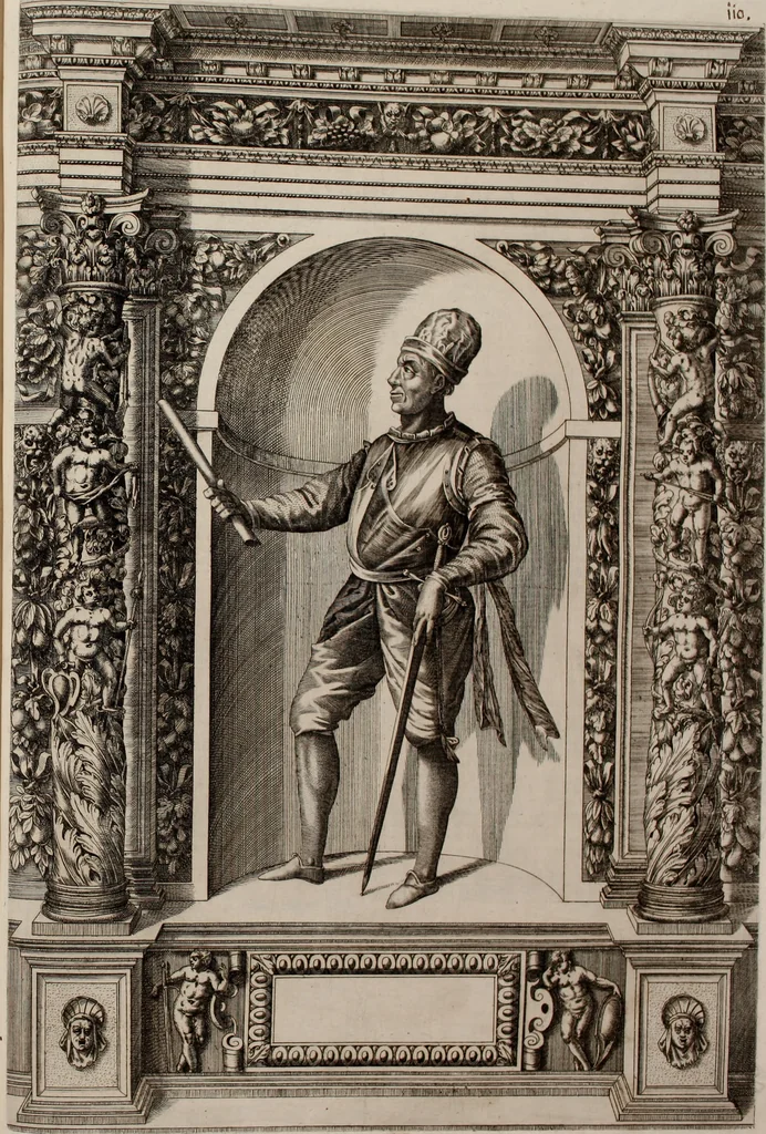 An illustration from Augustissimorum imperatorum, serenissimorum regum, atque archiducum, illustrissimorum principum, necnon comitum, baronum, nobilium, aliorumq[ue] clarissimorum virorum, qui aut ipsi cum imperio bellorum duces fuerunt, aut in iisdem præfecturis insignioribus laudabiliter functi sunt, verissimæ imagines, & rerum ab ipsis domi, forisq[ue] gestarum succinctæ descriptiones. Quorum arma, aut integra, aut horum partes, quibus induti, vsique aduersus hostem heroica facinora patrarunt, aut quorum auspiciis tàm prospera quàm aduersa fortuna res magnæ gestæ sunt, à serenissimo principe Ferdinando, archiduce Austriæ, duce Burgundiæ, comte Habspurgi & Tyrolis &c. ex omnibus ferè orbis terrarum prouinciis partim conquista, partim ab illorum hæredibus & successoribus transmissa, in celebri Ambrosianæ arcis armamentario, à sua serenitate non procul ciutate Oenipontana extructo, conspiciuntur, 1601, leaf 230