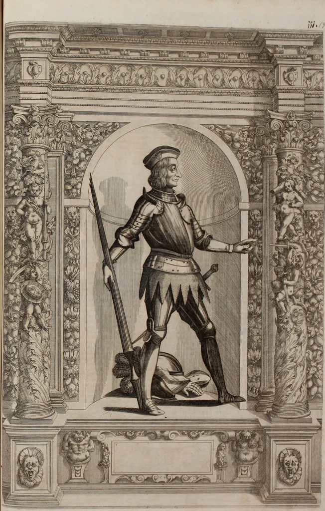 An illustration from Augustissimorum imperatorum, serenissimorum regum, atque archiducum, illustrissimorum principum, necnon comitum, baronum, nobilium, aliorumq[ue] clarissimorum virorum, qui aut ipsi cum imperio bellorum duces fuerunt, aut in iisdem præfecturis insignioribus laudabiliter functi sunt, verissimæ imagines, & rerum ab ipsis domi, forisq[ue] gestarum succinctæ descriptiones. Quorum arma, aut integra, aut horum partes, quibus induti, vsique aduersus hostem heroica facinora patrarunt, aut quorum auspiciis tàm prospera quàm aduersa fortuna res magnæ gestæ sunt, à serenissimo principe Ferdinando, archiduce Austriæ, duce Burgundiæ, comte Habspurgi & Tyrolis &c. ex omnibus ferè orbis terrarum prouinciis partim conquista, partim ab illorum hæredibus & successoribus transmissa, in celebri Ambrosianæ arcis armamentario, à sua serenitate non procul ciutate Oenipontana extructo, conspiciuntur, 1601, leaf 232