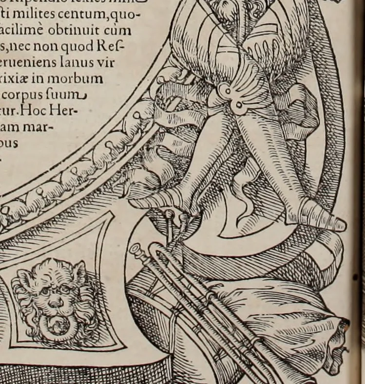 An illustration from Augustissimorum imperatorum, serenissimorum regum, atque archiducum, illustrissimorum principum, necnon comitum, baronum, nobilium, aliorumq[ue] clarissimorum virorum, qui aut ipsi cum imperio bellorum duces fuerunt, aut in iisdem præfecturis insignioribus laudabiliter functi sunt, verissimæ imagines, & rerum ab ipsis domi, forisq[ue] gestarum succinctæ descriptiones. Quorum arma, aut integra, aut horum partes, quibus induti, vsique aduersus hostem heroica facinora patrarunt, aut quorum auspiciis tàm prospera quàm aduersa fortuna res magnæ gestæ sunt, à serenissimo principe Ferdinando, archiduce Austriæ, duce Burgundiæ, comte Habspurgi & Tyrolis &c. ex omnibus ferè orbis terrarum prouinciis partim conquista, partim ab illorum hæredibus & successoribus transmissa, in celebri Ambrosianæ arcis armamentario, à sua serenitate non procul ciutate Oenipontana extructo, conspiciuntur, 1601, leaf 233