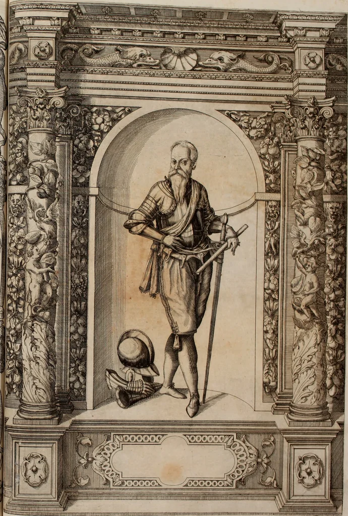 An illustration from Augustissimorum imperatorum, serenissimorum regum, atque archiducum, illustrissimorum principum, necnon comitum, baronum, nobilium, aliorumq[ue] clarissimorum virorum, qui aut ipsi cum imperio bellorum duces fuerunt, aut in iisdem præfecturis insignioribus laudabiliter functi sunt, verissimæ imagines, & rerum ab ipsis domi, forisq[ue] gestarum succinctæ descriptiones. Quorum arma, aut integra, aut horum partes, quibus induti, vsique aduersus hostem heroica facinora patrarunt, aut quorum auspiciis tàm prospera quàm aduersa fortuna res magnæ gestæ sunt, à serenissimo principe Ferdinando, archiduce Austriæ, duce Burgundiæ, comte Habspurgi & Tyrolis &c. ex omnibus ferè orbis terrarum prouinciis partim conquista, partim ab illorum hæredibus & successoribus transmissa, in celebri Ambrosianæ arcis armamentario, à sua serenitate non procul ciutate Oenipontana extructo, conspiciuntur, 1601, leaf 236