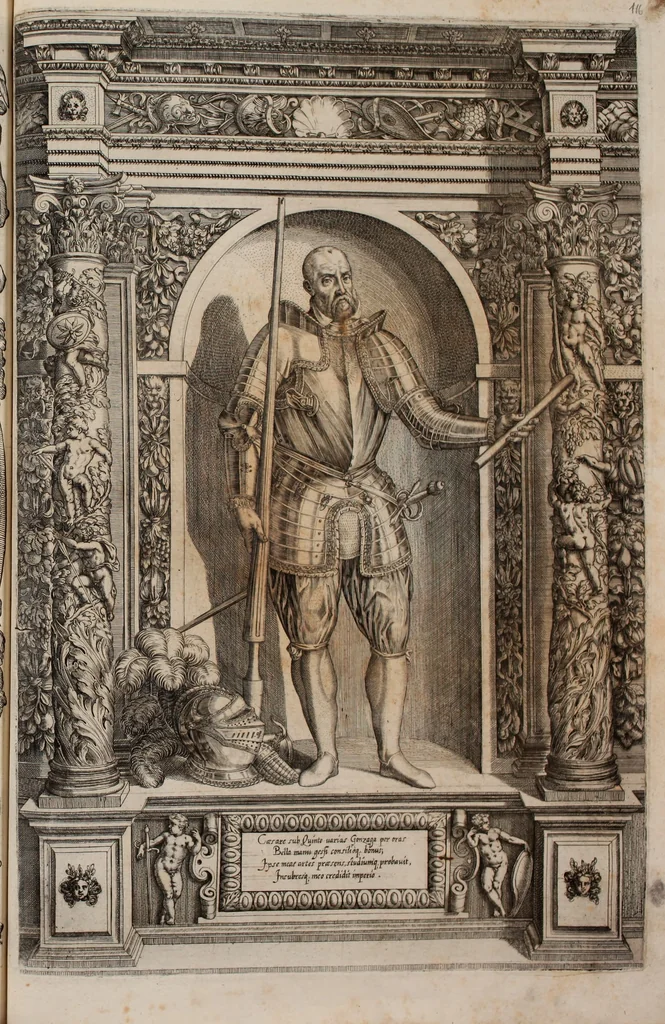 An illustration from Augustissimorum imperatorum, serenissimorum regum, atque archiducum, illustrissimorum principum, necnon comitum, baronum, nobilium, aliorumq[ue] clarissimorum virorum, qui aut ipsi cum imperio bellorum duces fuerunt, aut in iisdem præfecturis insignioribus laudabiliter functi sunt, verissimæ imagines, & rerum ab ipsis domi, forisq[ue] gestarum succinctæ descriptiones. Quorum arma, aut integra, aut horum partes, quibus induti, vsique aduersus hostem heroica facinora patrarunt, aut quorum auspiciis tàm prospera quàm aduersa fortuna res magnæ gestæ sunt, à serenissimo principe Ferdinando, archiduce Austriæ, duce Burgundiæ, comte Habspurgi & Tyrolis &c. ex omnibus ferè orbis terrarum prouinciis partim conquista, partim ab illorum hæredibus & successoribus transmissa, in celebri Ambrosianæ arcis armamentario, à sua serenitate non procul ciutate Oenipontana extructo, conspiciuntur, 1601, leaf 238