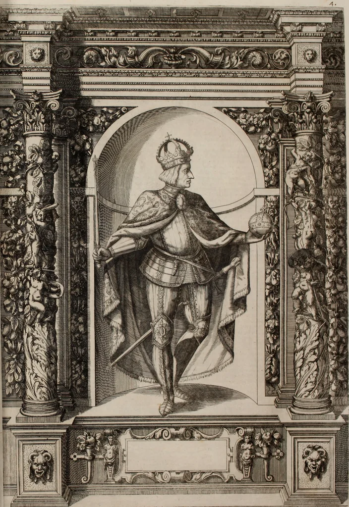 An illustration from Augustissimorum imperatorum, serenissimorum regum, atque archiducum, illustrissimorum principum, necnon comitum, baronum, nobilium, aliorumq[ue] clarissimorum virorum, qui aut ipsi cum imperio bellorum duces fuerunt, aut in iisdem præfecturis insignioribus laudabiliter functi sunt, verissimæ imagines, & rerum ab ipsis domi, forisq[ue] gestarum succinctæ descriptiones. Quorum arma, aut integra, aut horum partes, quibus induti, vsique aduersus hostem heroica facinora patrarunt, aut quorum auspiciis tàm prospera quàm aduersa fortuna res magnæ gestæ sunt, à serenissimo principe Ferdinando, archiduce Austriæ, duce Burgundiæ, comte Habspurgi & Tyrolis &c. ex omnibus ferè orbis terrarum prouinciis partim conquista, partim ab illorum hæredibus & successoribus transmissa, in celebri Ambrosianæ arcis armamentario, à sua serenitate non procul ciutate Oenipontana extructo, conspiciuntur, 1601, leaf 24