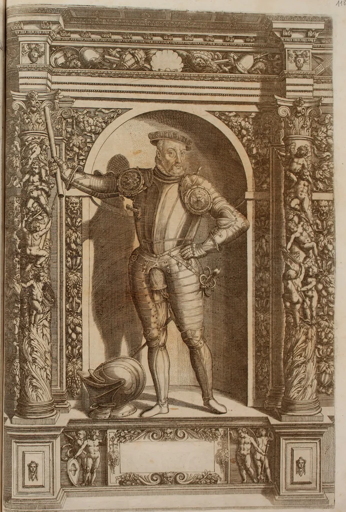An illustration from Augustissimorum imperatorum, serenissimorum regum, atque archiducum, illustrissimorum principum, necnon comitum, baronum, nobilium, aliorumq[ue] clarissimorum virorum, qui aut ipsi cum imperio bellorum duces fuerunt, aut in iisdem præfecturis insignioribus laudabiliter functi sunt, verissimæ imagines, & rerum ab ipsis domi, forisq[ue] gestarum succinctæ descriptiones. Quorum arma, aut integra, aut horum partes, quibus induti, vsique aduersus hostem heroica facinora patrarunt, aut quorum auspiciis tàm prospera quàm aduersa fortuna res magnæ gestæ sunt, à serenissimo principe Ferdinando, archiduce Austriæ, duce Burgundiæ, comte Habspurgi & Tyrolis &c. ex omnibus ferè orbis terrarum prouinciis partim conquista, partim ab illorum hæredibus & successoribus transmissa, in celebri Ambrosianæ arcis armamentario, à sua serenitate non procul ciutate Oenipontana extructo, conspiciuntur, 1601, leaf 242