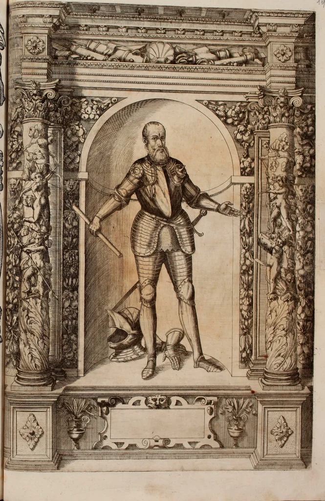 An illustration from Augustissimorum imperatorum, serenissimorum regum, atque archiducum, illustrissimorum principum, necnon comitum, baronum, nobilium, aliorumq[ue] clarissimorum virorum, qui aut ipsi cum imperio bellorum duces fuerunt, aut in iisdem præfecturis insignioribus laudabiliter functi sunt, verissimæ imagines, & rerum ab ipsis domi, forisq[ue] gestarum succinctæ descriptiones. Quorum arma, aut integra, aut horum partes, quibus induti, vsique aduersus hostem heroica facinora patrarunt, aut quorum auspiciis tàm prospera quàm aduersa fortuna res magnæ gestæ sunt, à serenissimo principe Ferdinando, archiduce Austriæ, duce Burgundiæ, comte Habspurgi & Tyrolis &c. ex omnibus ferè orbis terrarum prouinciis partim conquista, partim ab illorum hæredibus & successoribus transmissa, in celebri Ambrosianæ arcis armamentario, à sua serenitate non procul ciutate Oenipontana extructo, conspiciuntur, 1601, leaf 244