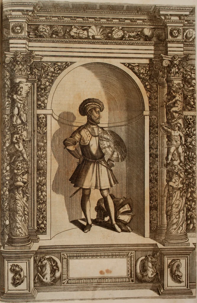 An illustration from Augustissimorum imperatorum, serenissimorum regum, atque archiducum, illustrissimorum principum, necnon comitum, baronum, nobilium, aliorumq[ue] clarissimorum virorum, qui aut ipsi cum imperio bellorum duces fuerunt, aut in iisdem præfecturis insignioribus laudabiliter functi sunt, verissimæ imagines, & rerum ab ipsis domi, forisq[ue] gestarum succinctæ descriptiones. Quorum arma, aut integra, aut horum partes, quibus induti, vsique aduersus hostem heroica facinora patrarunt, aut quorum auspiciis tàm prospera quàm aduersa fortuna res magnæ gestæ sunt, à serenissimo principe Ferdinando, archiduce Austriæ, duce Burgundiæ, comte Habspurgi & Tyrolis &c. ex omnibus ferè orbis terrarum prouinciis partim conquista, partim ab illorum hæredibus & successoribus transmissa, in celebri Ambrosianæ arcis armamentario, à sua serenitate non procul ciutate Oenipontana extructo, conspiciuntur, 1601, leaf 246