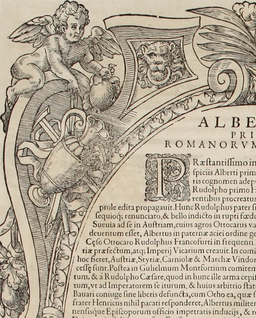An illustration from Augustissimorum imperatorum, serenissimorum regum, atque archiducum, illustrissimorum principum, necnon comitum, baronum, nobilium, aliorumq[ue] clarissimorum virorum, qui aut ipsi cum imperio bellorum duces fuerunt, aut in iisdem præfecturis insignioribus laudabiliter functi sunt, verissimæ imagines, & rerum ab ipsis domi, forisq[ue] gestarum succinctæ descriptiones. Quorum arma, aut integra, aut horum partes, quibus induti, vsique aduersus hostem heroica facinora patrarunt, aut quorum auspiciis tàm prospera quàm aduersa fortuna res magnæ gestæ sunt, à serenissimo principe Ferdinando, archiduce Austriæ, duce Burgundiæ, comte Habspurgi & Tyrolis &c. ex omnibus ferè orbis terrarum prouinciis partim conquista, partim ab illorum hæredibus & successoribus transmissa, in celebri Ambrosianæ arcis armamentario, à sua serenitate non procul ciutate Oenipontana extructo, conspiciuntur, 1601, leaf 25
