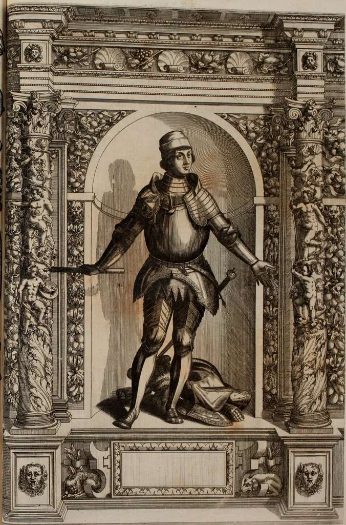 An illustration from Augustissimorum imperatorum, serenissimorum regum, atque archiducum, illustrissimorum principum, necnon comitum, baronum, nobilium, aliorumq[ue] clarissimorum virorum, qui aut ipsi cum imperio bellorum duces fuerunt, aut in iisdem præfecturis insignioribus laudabiliter functi sunt, verissimæ imagines, & rerum ab ipsis domi, forisq[ue] gestarum succinctæ descriptiones. Quorum arma, aut integra, aut horum partes, quibus induti, vsique aduersus hostem heroica facinora patrarunt, aut quorum auspiciis tàm prospera quàm aduersa fortuna res magnæ gestæ sunt, à serenissimo principe Ferdinando, archiduce Austriæ, duce Burgundiæ, comte Habspurgi & Tyrolis &c. ex omnibus ferè orbis terrarum prouinciis partim conquista, partim ab illorum hæredibus & successoribus transmissa, in celebri Ambrosianæ arcis armamentario, à sua serenitate non procul ciutate Oenipontana extructo, conspiciuntur, 1601, leaf 250