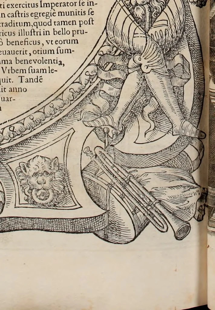 An illustration from Augustissimorum imperatorum, serenissimorum regum, atque archiducum, illustrissimorum principum, necnon comitum, baronum, nobilium, aliorumq[ue] clarissimorum virorum, qui aut ipsi cum imperio bellorum duces fuerunt, aut in iisdem præfecturis insignioribus laudabiliter functi sunt, verissimæ imagines, & rerum ab ipsis domi, forisq[ue] gestarum succinctæ descriptiones. Quorum arma, aut integra, aut horum partes, quibus induti, vsique aduersus hostem heroica facinora patrarunt, aut quorum auspiciis tàm prospera quàm aduersa fortuna res magnæ gestæ sunt, à serenissimo principe Ferdinando, archiduce Austriæ, duce Burgundiæ, comte Habspurgi & Tyrolis &c. ex omnibus ferè orbis terrarum prouinciis partim conquista, partim ab illorum hæredibus & successoribus transmissa, in celebri Ambrosianæ arcis armamentario, à sua serenitate non procul ciutate Oenipontana extructo, conspiciuntur, 1601, leaf 251