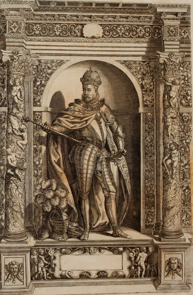An illustration from Augustissimorum imperatorum, serenissimorum regum, atque archiducum, illustrissimorum principum, necnon comitum, baronum, nobilium, aliorumq[ue] clarissimorum virorum, qui aut ipsi cum imperio bellorum duces fuerunt, aut in iisdem præfecturis insignioribus laudabiliter functi sunt, verissimæ imagines, & rerum ab ipsis domi, forisq[ue] gestarum succinctæ descriptiones. Quorum arma, aut integra, aut horum partes, quibus induti, vsique aduersus hostem heroica facinora patrarunt, aut quorum auspiciis tàm prospera quàm aduersa fortuna res magnæ gestæ sunt, à serenissimo principe Ferdinando, archiduce Austriæ, duce Burgundiæ, comte Habspurgi & Tyrolis &c. ex omnibus ferè orbis terrarum prouinciis partim conquista, partim ab illorum hæredibus & successoribus transmissa, in celebri Ambrosianæ arcis armamentario, à sua serenitate non procul ciutate Oenipontana extructo, conspiciuntur, 1601, leaf 252