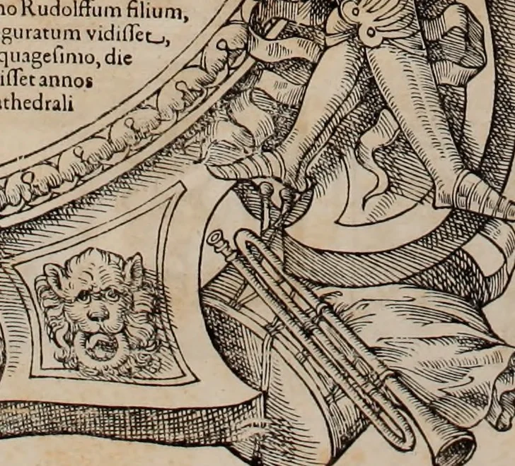 An illustration from Augustissimorum imperatorum, serenissimorum regum, atque archiducum, illustrissimorum principum, necnon comitum, baronum, nobilium, aliorumq[ue] clarissimorum virorum, qui aut ipsi cum imperio bellorum duces fuerunt, aut in iisdem præfecturis insignioribus laudabiliter functi sunt, verissimæ imagines, & rerum ab ipsis domi, forisq[ue] gestarum succinctæ descriptiones. Quorum arma, aut integra, aut horum partes, quibus induti, vsique aduersus hostem heroica facinora patrarunt, aut quorum auspiciis tàm prospera quàm aduersa fortuna res magnæ gestæ sunt, à serenissimo principe Ferdinando, archiduce Austriæ, duce Burgundiæ, comte Habspurgi & Tyrolis &c. ex omnibus ferè orbis terrarum prouinciis partim conquista, partim ab illorum hæredibus & successoribus transmissa, in celebri Ambrosianæ arcis armamentario, à sua serenitate non procul ciutate Oenipontana extructo, conspiciuntur, 1601, leaf 253
