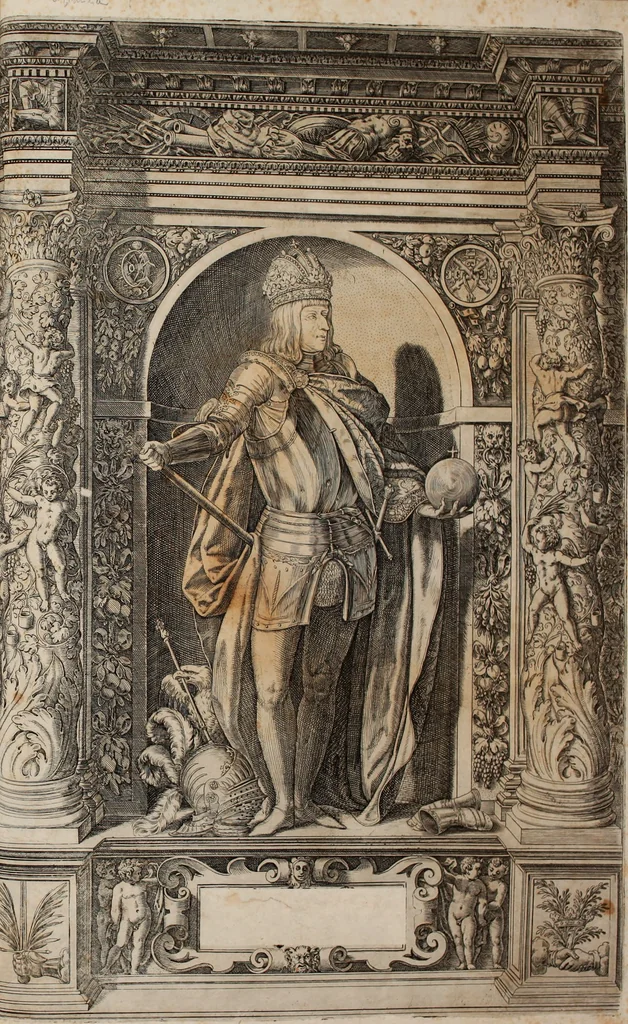 An illustration from Augustissimorum imperatorum, serenissimorum regum, atque archiducum, illustrissimorum principum, necnon comitum, baronum, nobilium, aliorumq[ue] clarissimorum virorum, qui aut ipsi cum imperio bellorum duces fuerunt, aut in iisdem præfecturis insignioribus laudabiliter functi sunt, verissimæ imagines, & rerum ab ipsis domi, forisq[ue] gestarum succinctæ descriptiones. Quorum arma, aut integra, aut horum partes, quibus induti, vsique aduersus hostem heroica facinora patrarunt, aut quorum auspiciis tàm prospera quàm aduersa fortuna res magnæ gestæ sunt, à serenissimo principe Ferdinando, archiduce Austriæ, duce Burgundiæ, comte Habspurgi & Tyrolis &c. ex omnibus ferè orbis terrarum prouinciis partim conquista, partim ab illorum hæredibus & successoribus transmissa, in celebri Ambrosianæ arcis armamentario, à sua serenitate non procul ciutate Oenipontana extructo, conspiciuntur, 1601, leaf 254