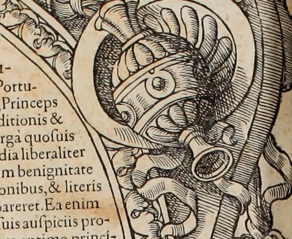 An illustration from Augustissimorum imperatorum, serenissimorum regum, atque archiducum, illustrissimorum principum, necnon comitum, baronum, nobilium, aliorumq[ue] clarissimorum virorum, qui aut ipsi cum imperio bellorum duces fuerunt, aut in iisdem præfecturis insignioribus laudabiliter functi sunt, verissimæ imagines, & rerum ab ipsis domi, forisq[ue] gestarum succinctæ descriptiones. Quorum arma, aut integra, aut horum partes, quibus induti, vsique aduersus hostem heroica facinora patrarunt, aut quorum auspiciis tàm prospera quàm aduersa fortuna res magnæ gestæ sunt, à serenissimo principe Ferdinando, archiduce Austriæ, duce Burgundiæ, comte Habspurgi & Tyrolis &c. ex omnibus ferè orbis terrarum prouinciis partim conquista, partim ab illorum hæredibus & successoribus transmissa, in celebri Ambrosianæ arcis armamentario, à sua serenitate non procul ciutate Oenipontana extructo, conspiciuntur, 1601, leaf 255